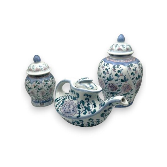 Vintage Chinese Floral Hand Painted Porcelain Ginger Jars & Teapot 3 Piece Set - Picture 1 of 12